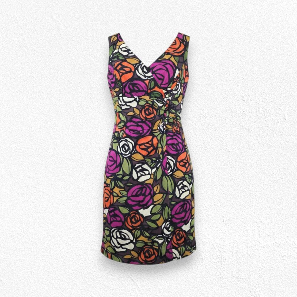 Vintage Y2K Black Colorful Rose Print Graphic Floral Cotton Sheath Dress Size 12
